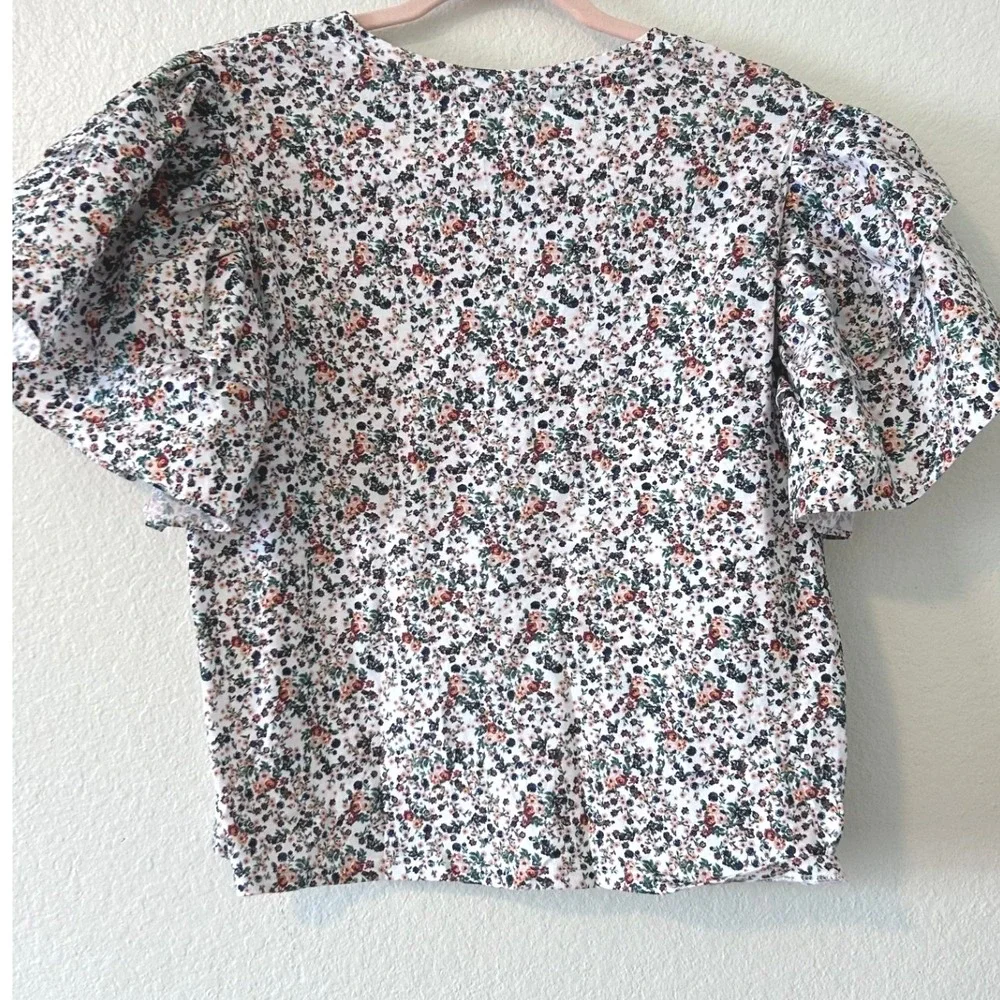 Zara Cottagecore Whimsy Floral Puff Sleeve Ruffle Top Cotton Ditsy Print SZ L